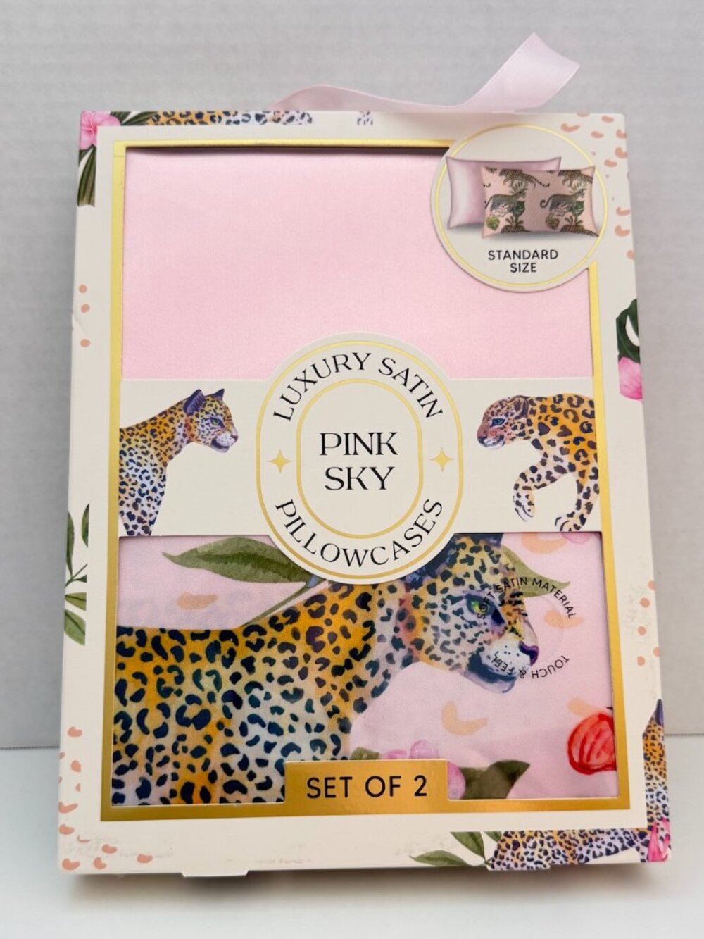 Pink Sky Luxury Satin Pillowcases Set of 2 Pink Leopard Animal Print NWT